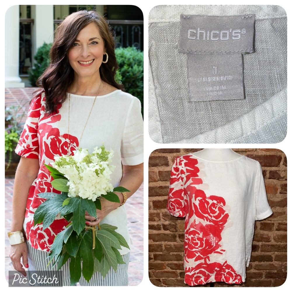 Chicos Floral Linen Top Women Sz 1 Boxy Short Sleeve Rose Bloomcore Feminine
